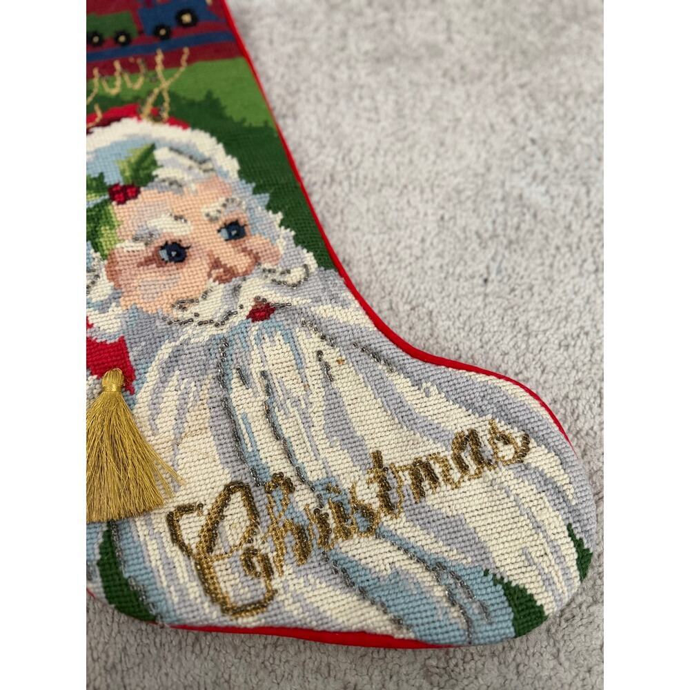 Vintage Wool Santa Claus Needlepoint by Hand Beaded "Merry Christmas" Stocking - Picture 4 of 9